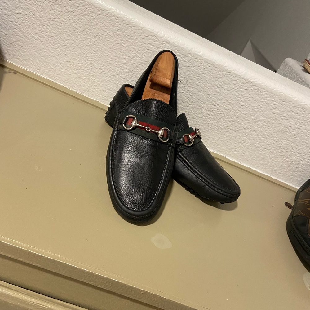 Black Leather Loafers with Red Accent